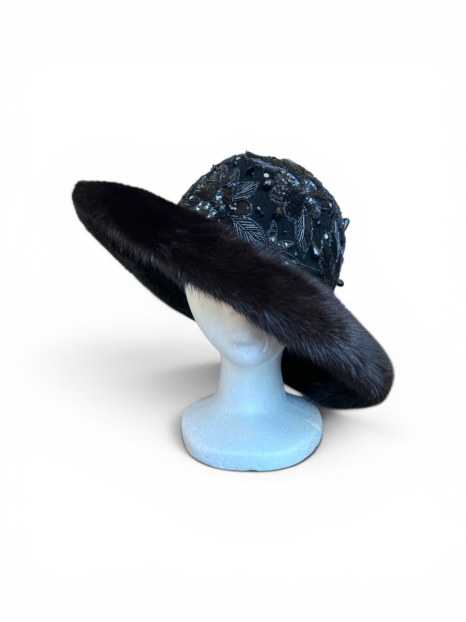 Vintage Black Sequin Mink fur Cloche Hat