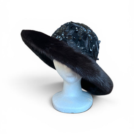 Vintage Black Sequin Mink fur Cloche Hat