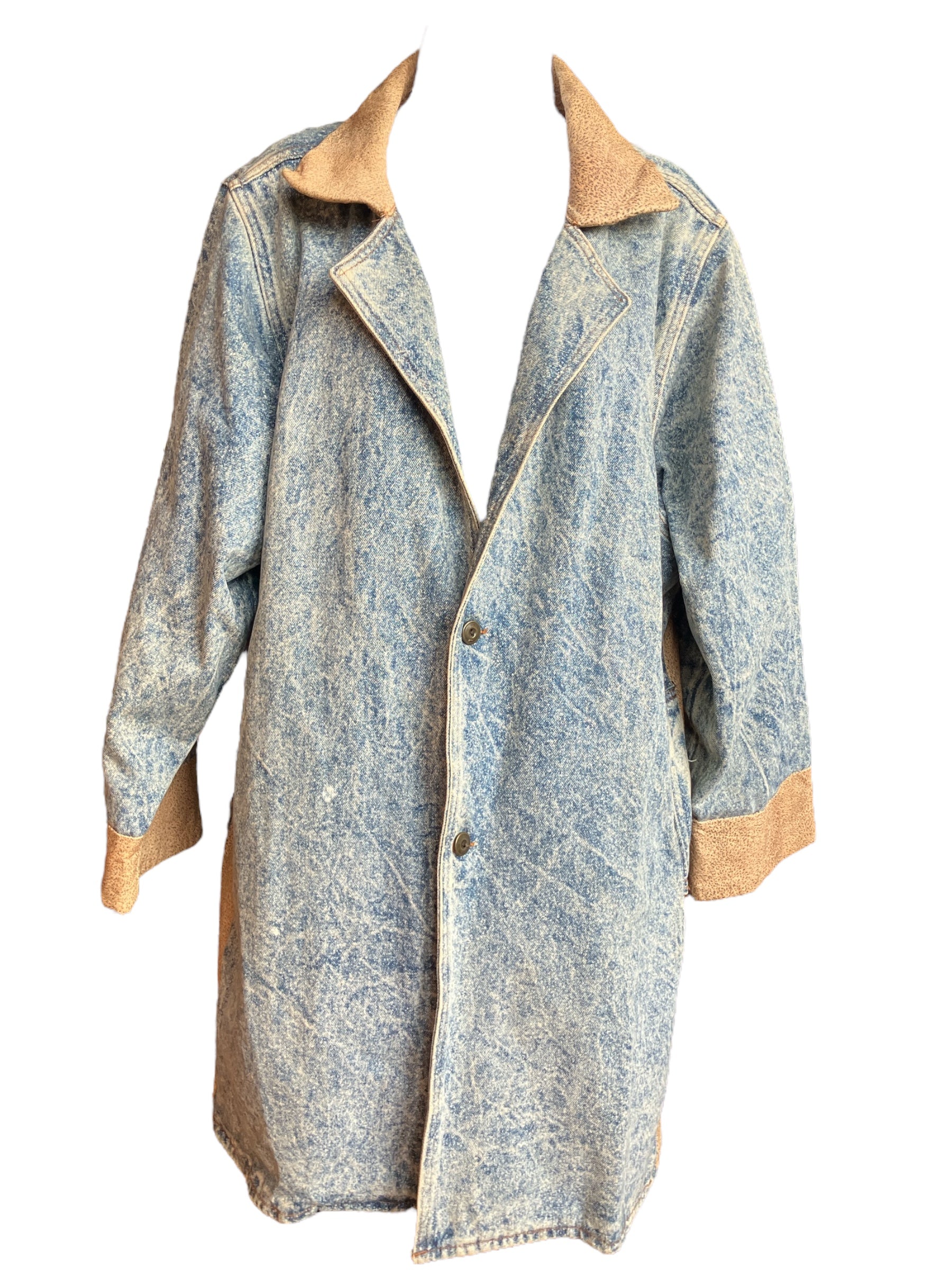 Vintage 1980s Oversized Stonewash Denim Leather Coat