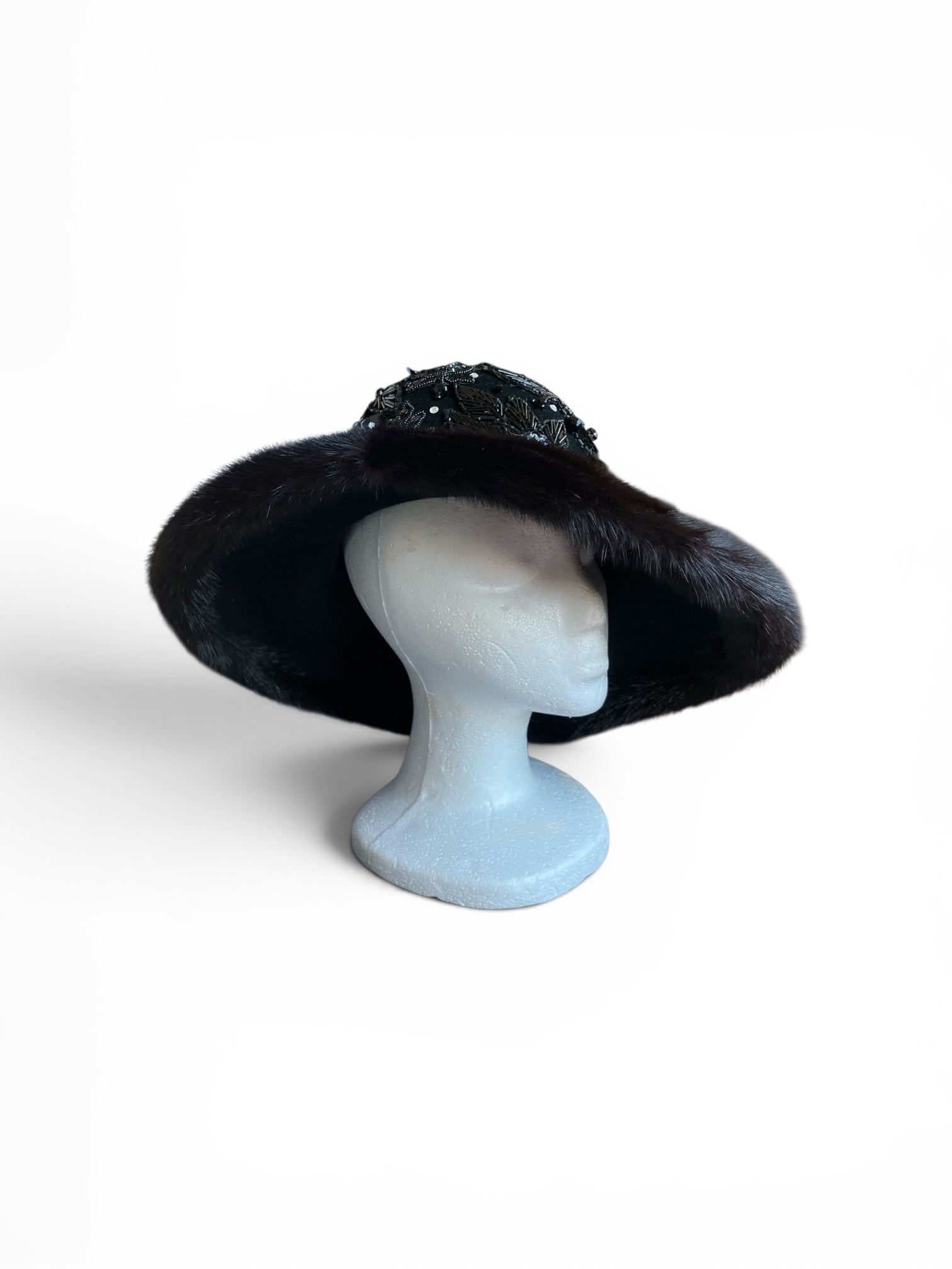 Vintage Black Sequin Mink fur Cloche Hat