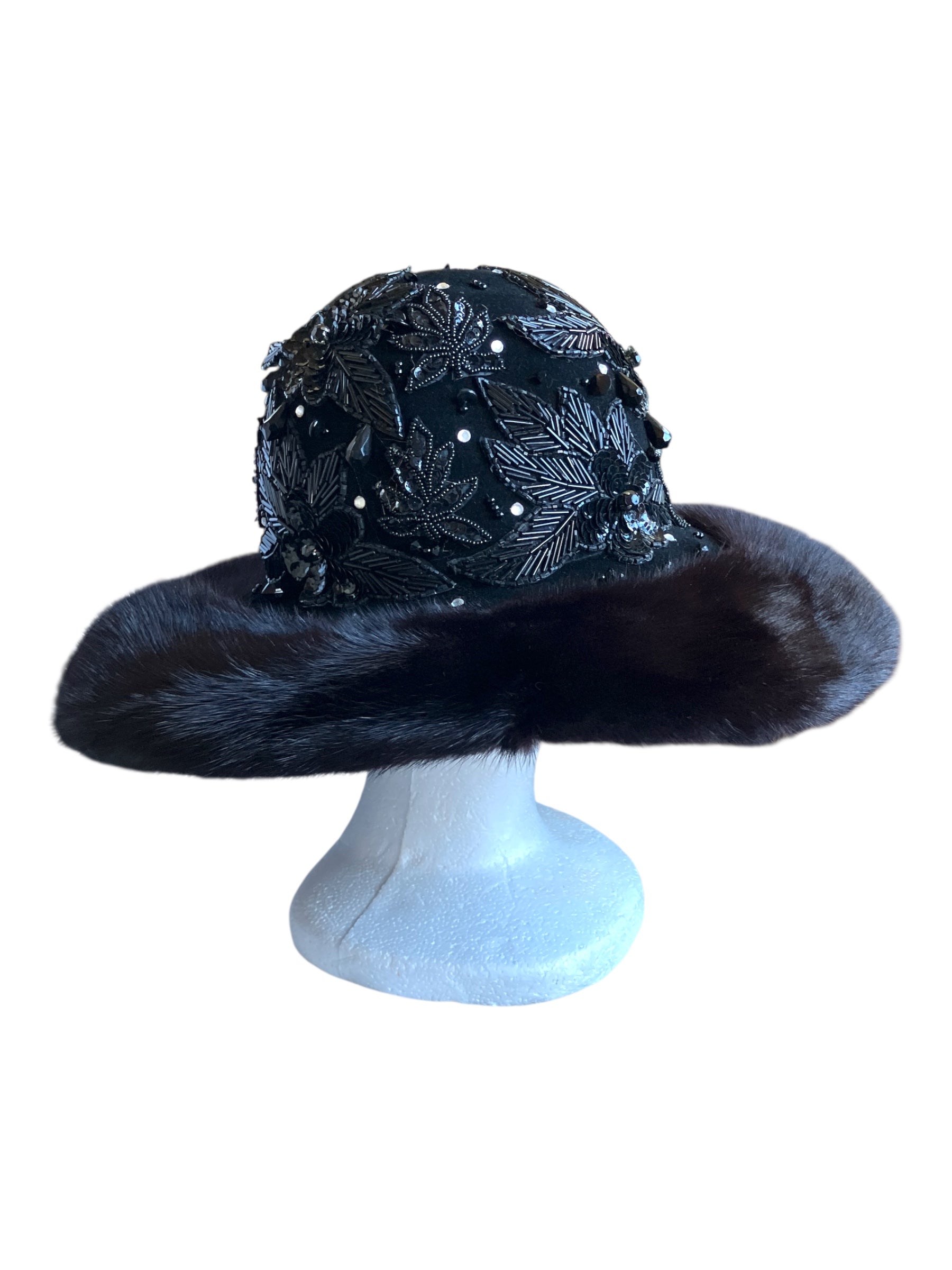 Vintage Black Sequin Mink fur Cloche Hat