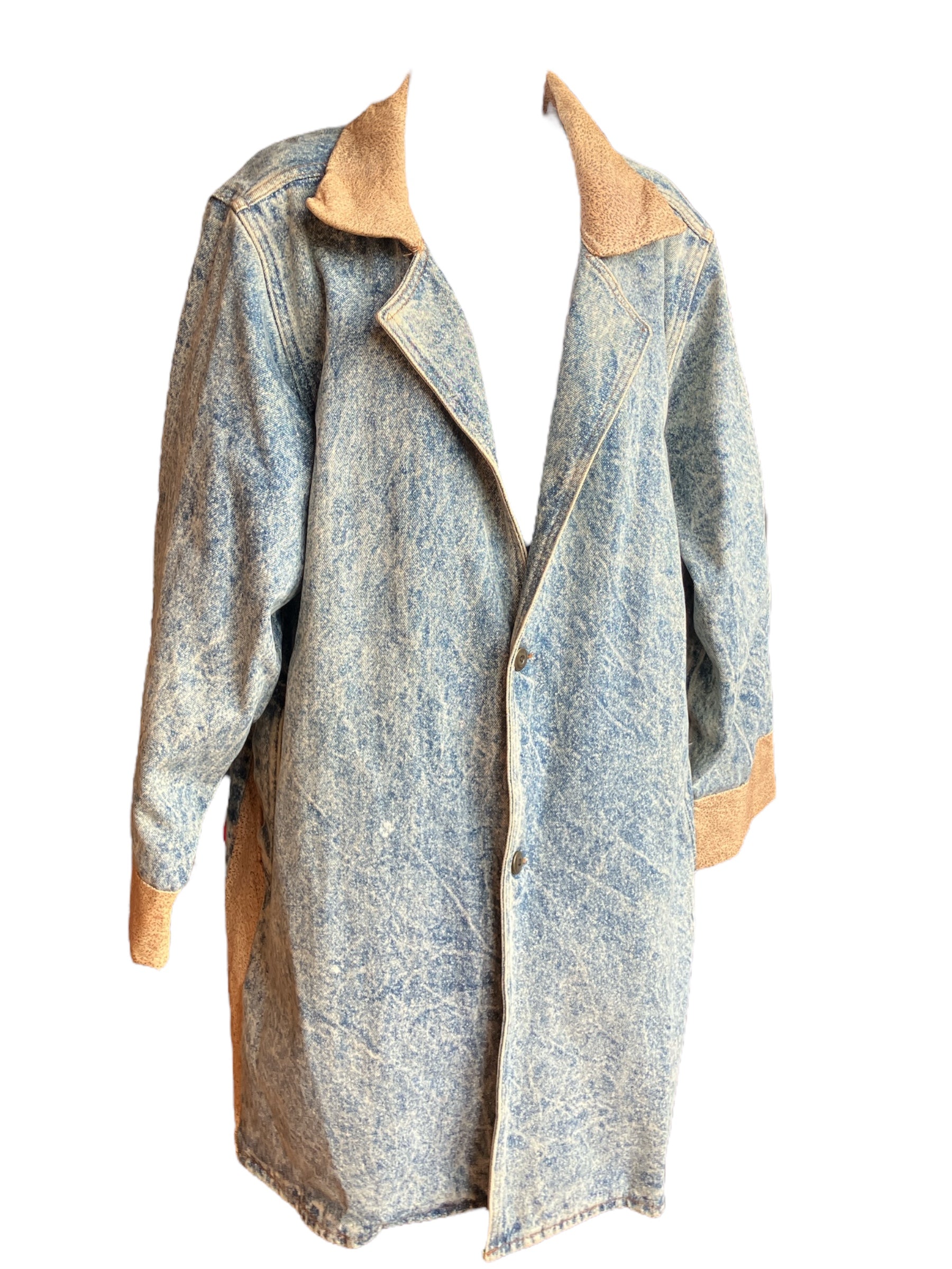 Vintage 1980s Oversized Stonewash Denim Leather Coat