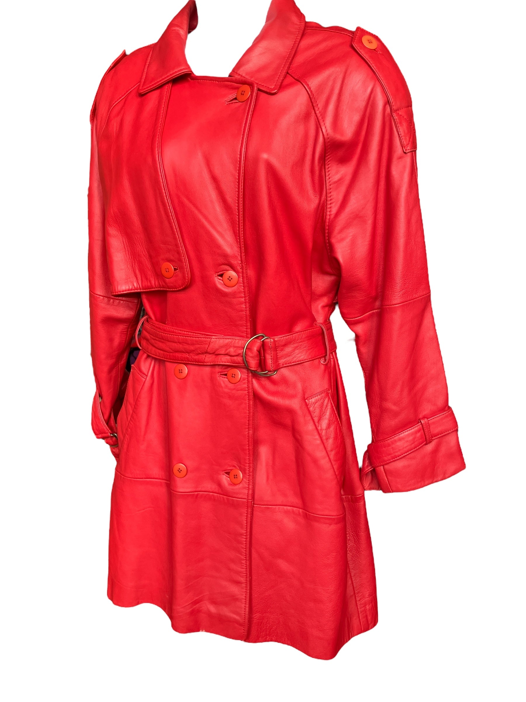 Vintage 1980s Cherry Red Double Breasted Trench Coat