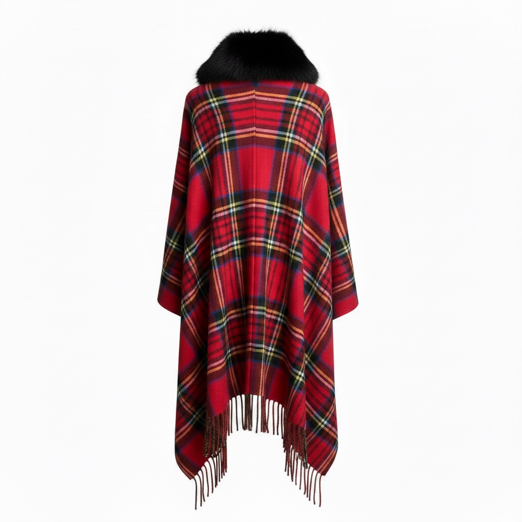 Vintage Plaid Faux Fur Poncho