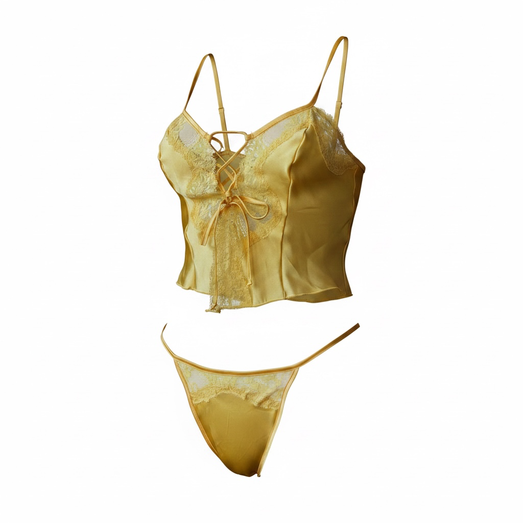 Vintage Butter Yellow Satin Lace Set