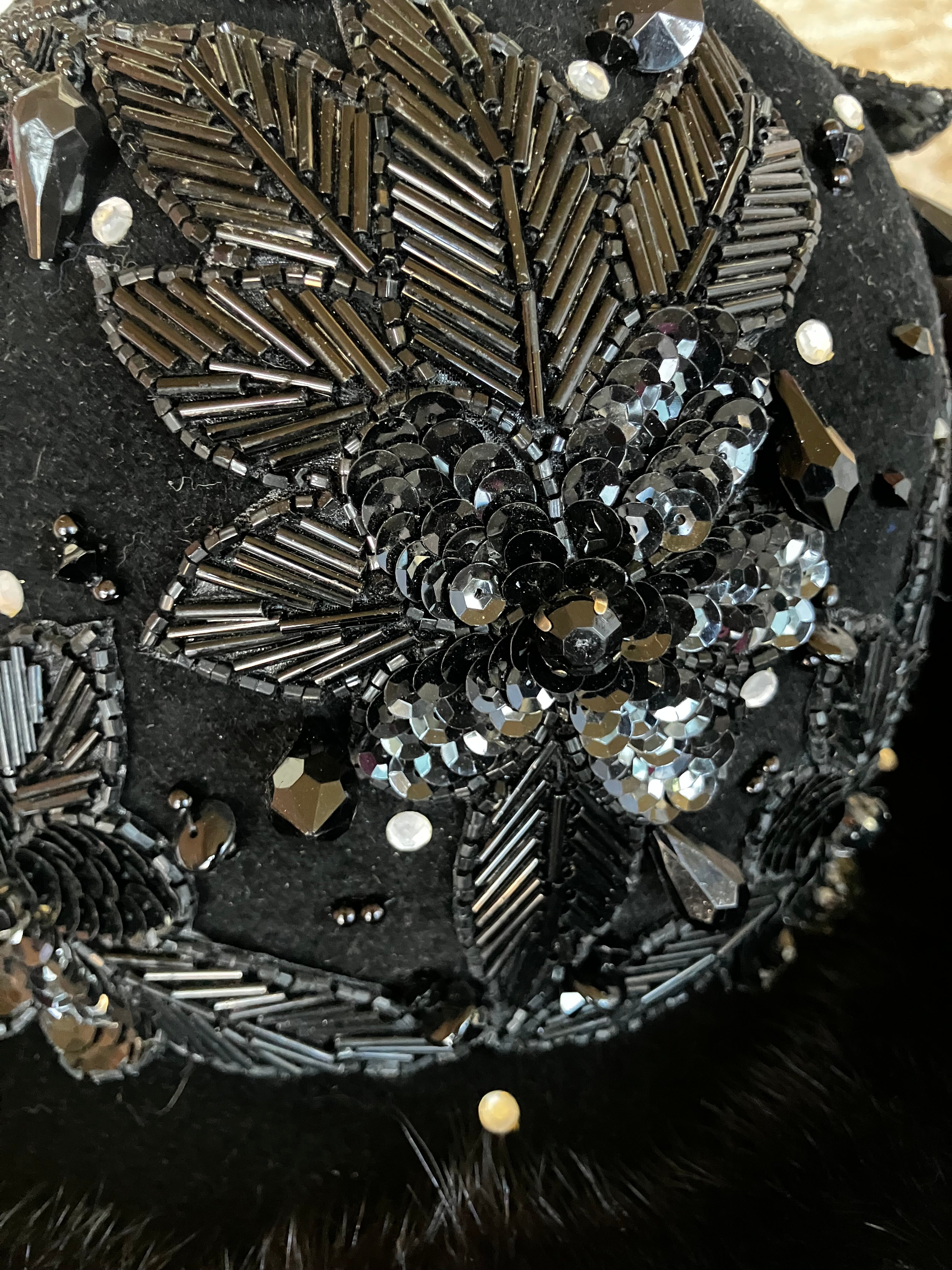 Vintage Black Sequin Mink fur Cloche Hat