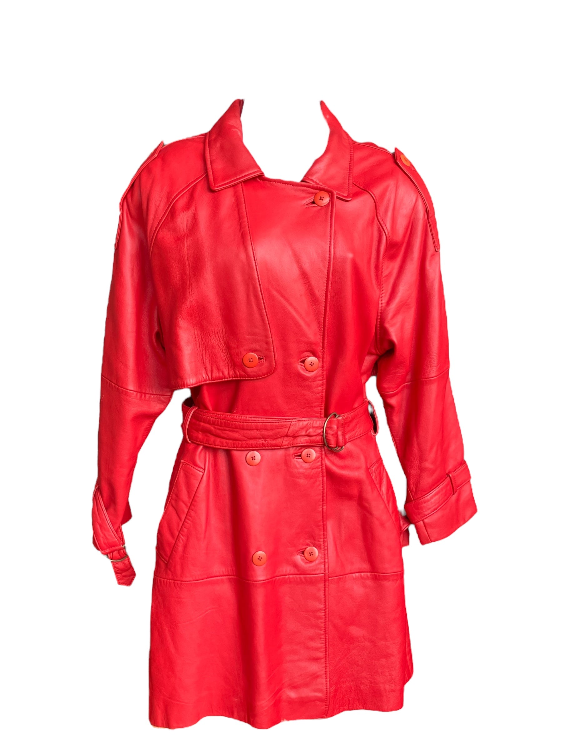 Vintage 1980s Cherry Red Double Breasted Trench Coat