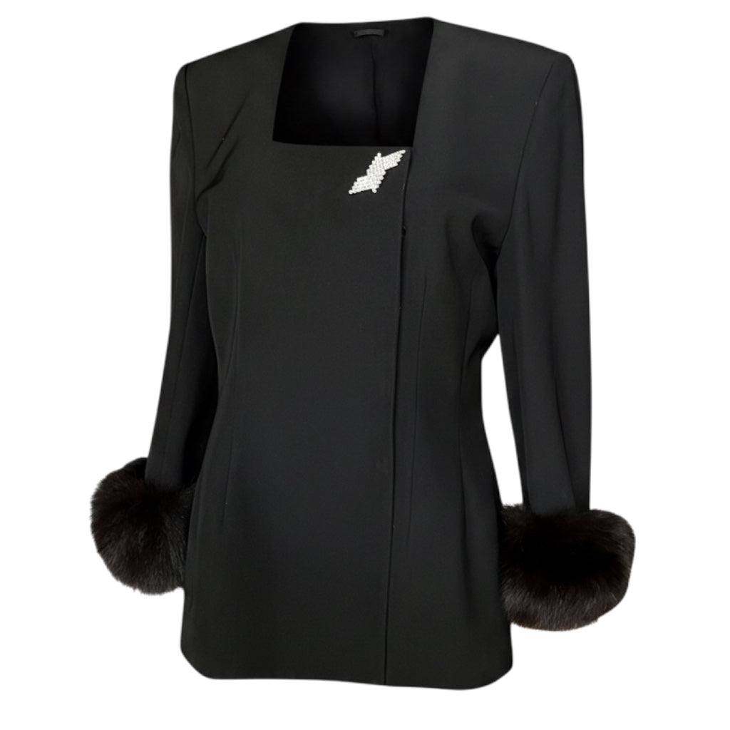 Vintage 90s Black Fox Fur Cuffed Blazer