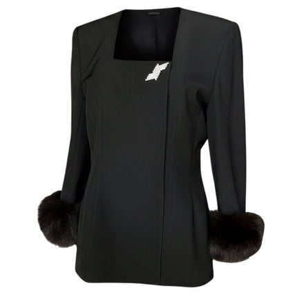 Vintage 90s Black Fox Fur Cuffed Blazer