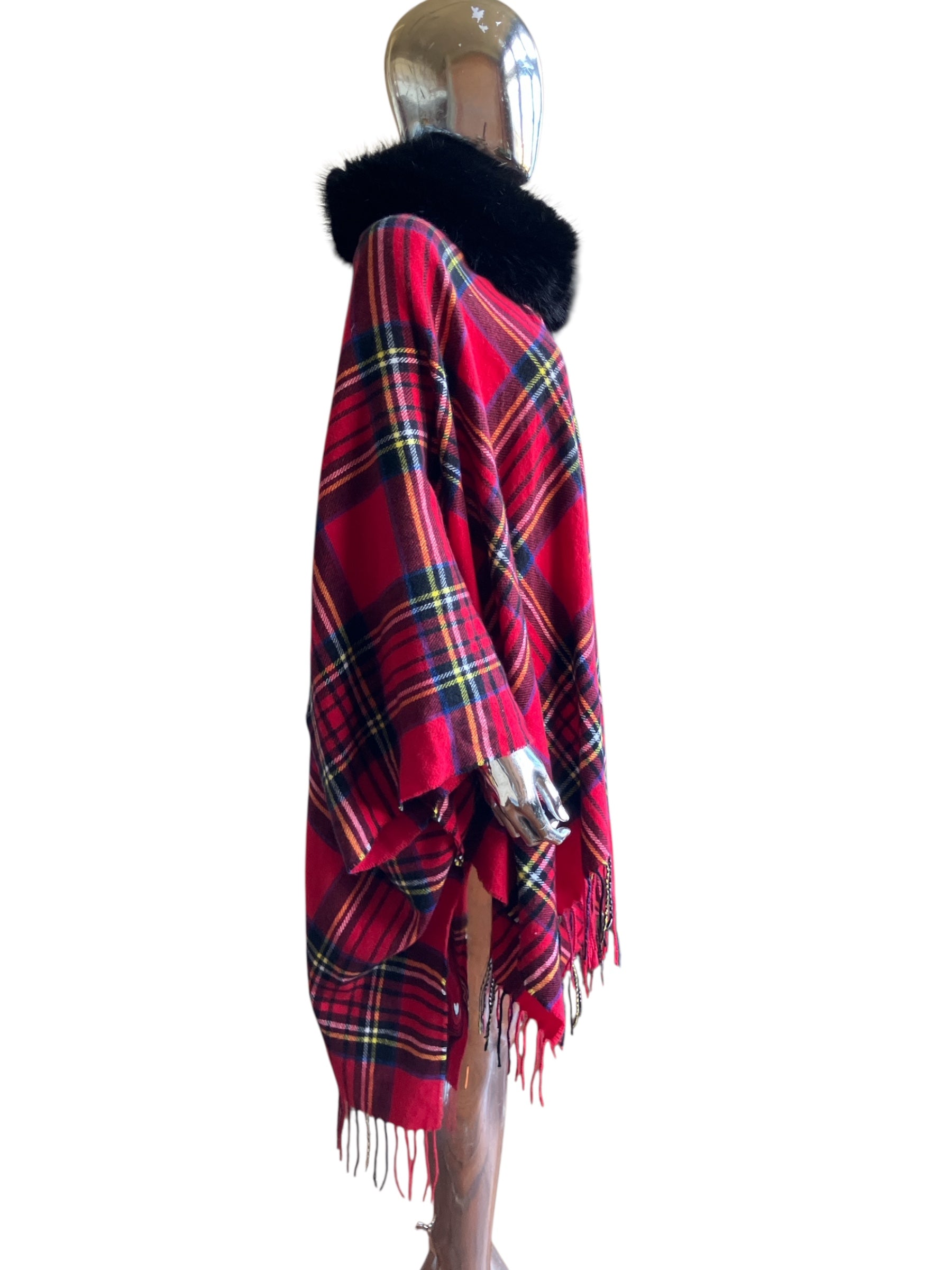 Vintage Plaid Faux Fur Poncho