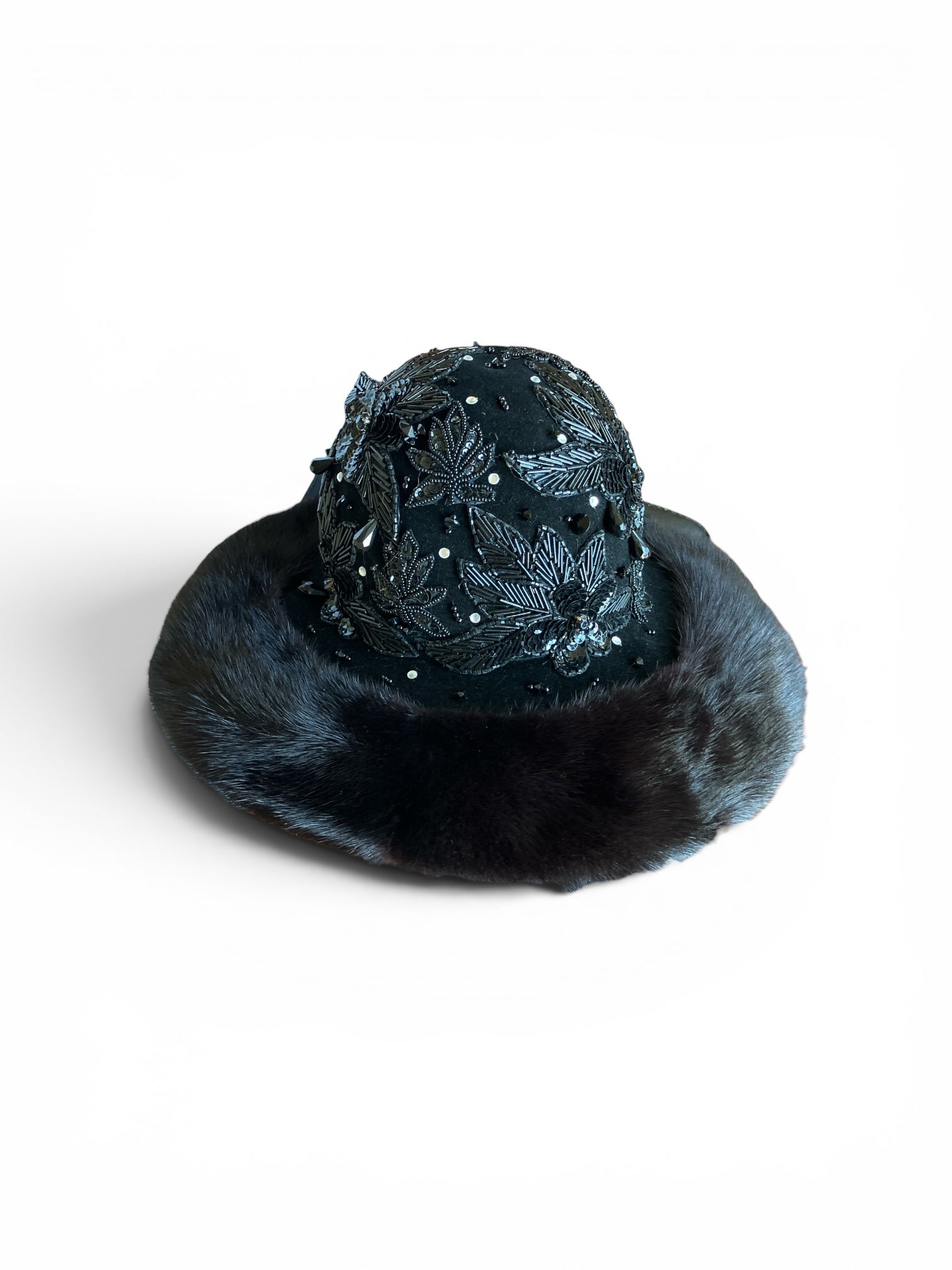 Vintage Black Sequin Mink fur Cloche Hat